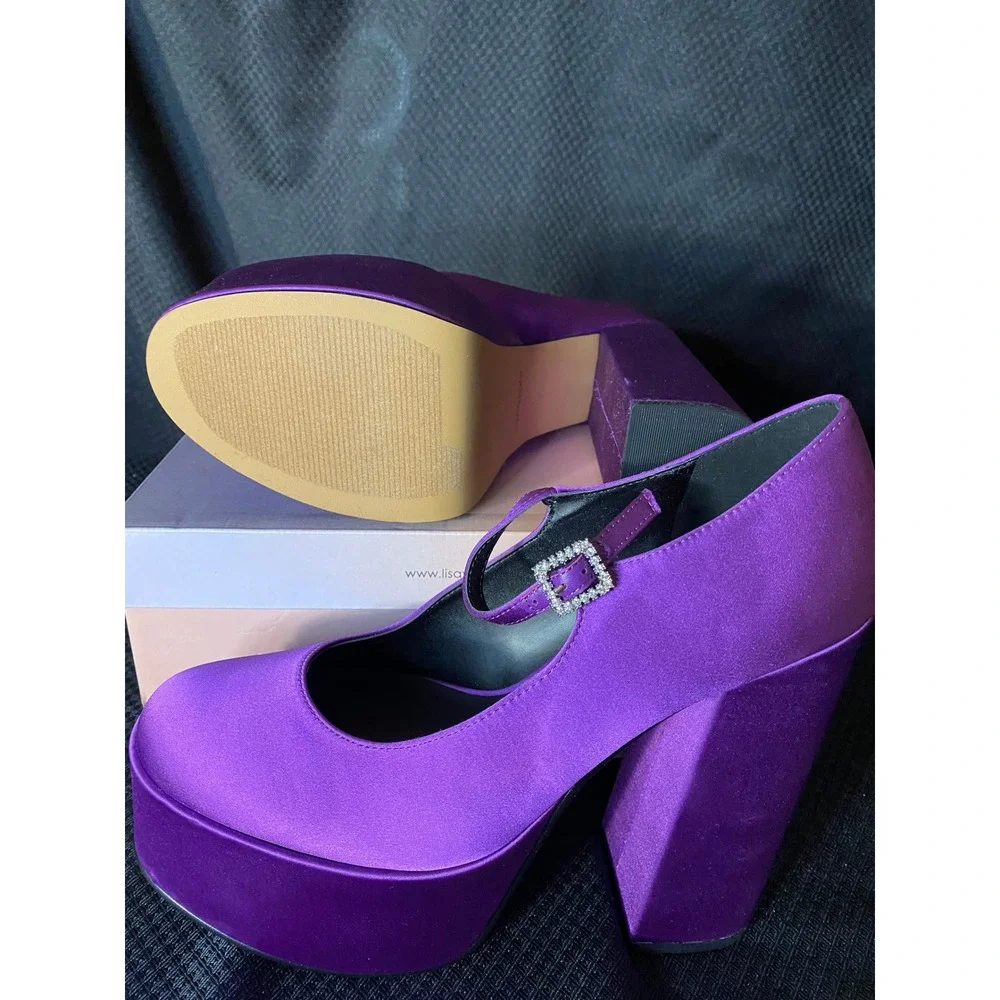Lisa Vicky Purple Satin Platform Mary Jane Heels Rhinestone Buckle Size 10